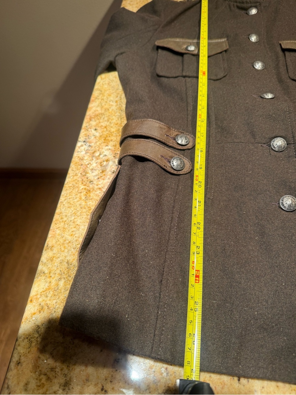 Military-Style Olive Green Button wool and leather Jacket by My Tribe size Large - Picture 14 of 15